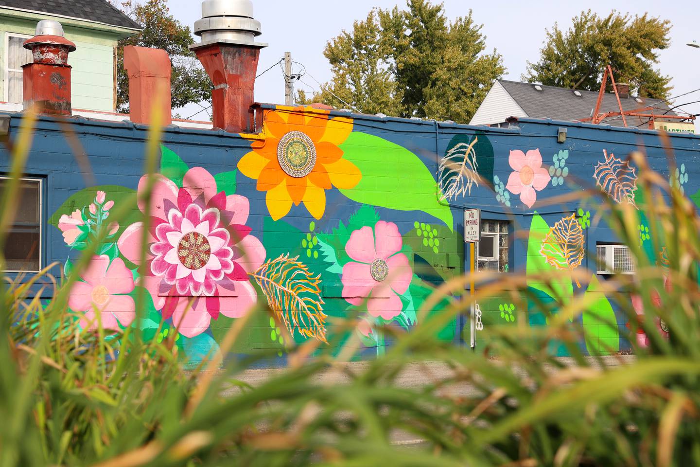This dahlia-mallow mural, created by local artist Katie Bretzlaff, of Hedgeapple Arts Art Studio at Martinez Tacos in downtown Kankakee, is part of Visit Kankakee County's new interactive Kankakee County Mural Trail.