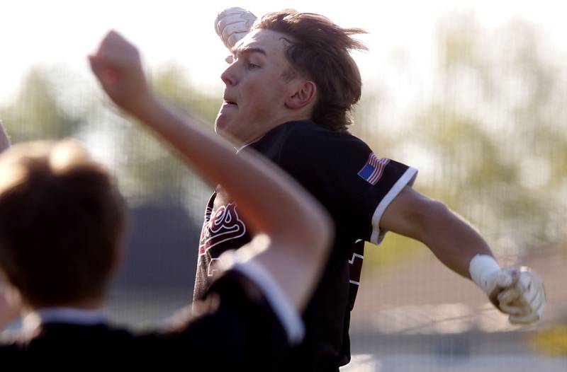 Prairie Ridge's Gavin Piekos celebrates his two-run homer during a Fox Valley Conference baseball game against Crystal Lake South on Friday, May 15, 2026, at Crystal Lake South High School.