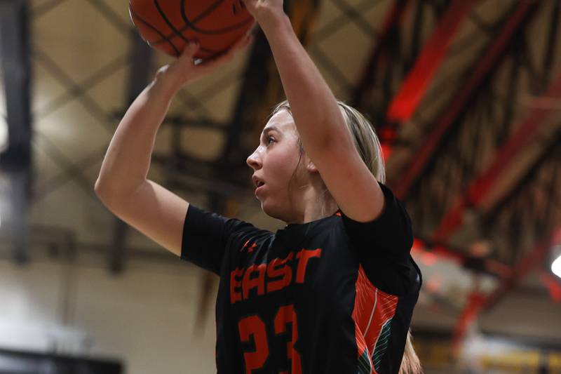 Plainfield East’s Lexi Sepulveda takes the outside shot against Joliet West on Thursday, February 2nd.