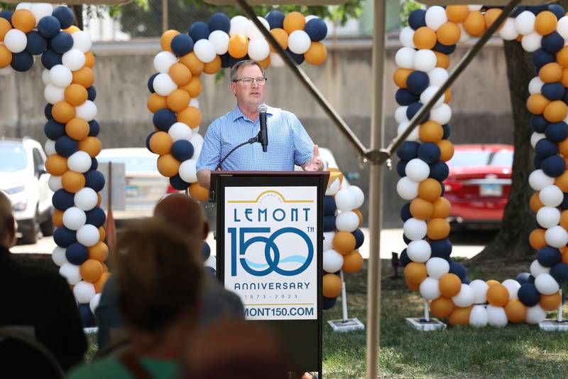 Rick Kwasneski, former Mayor of Lemont, speaks at the Lemont 150th Anniversary Commemoration on Friday, June 9, 2023 in downtown Lemont.