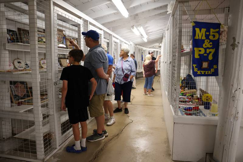 Fairgoers observe the winning exhibit entires during the Will County Fair on Aug. 21, 2025.
