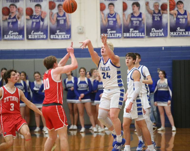 Princeton's Daniel Sousa shoots a jump shot over Ottawa's Evan Snook on Monday, Feb. 5, 2024 at Prouty Gym.