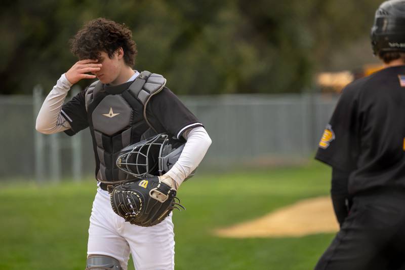 Simmons (3) of Woodland/Flanagan-Cornell appears distraught on Thursday, April 17, 2025 at Woodland High School in Streator.