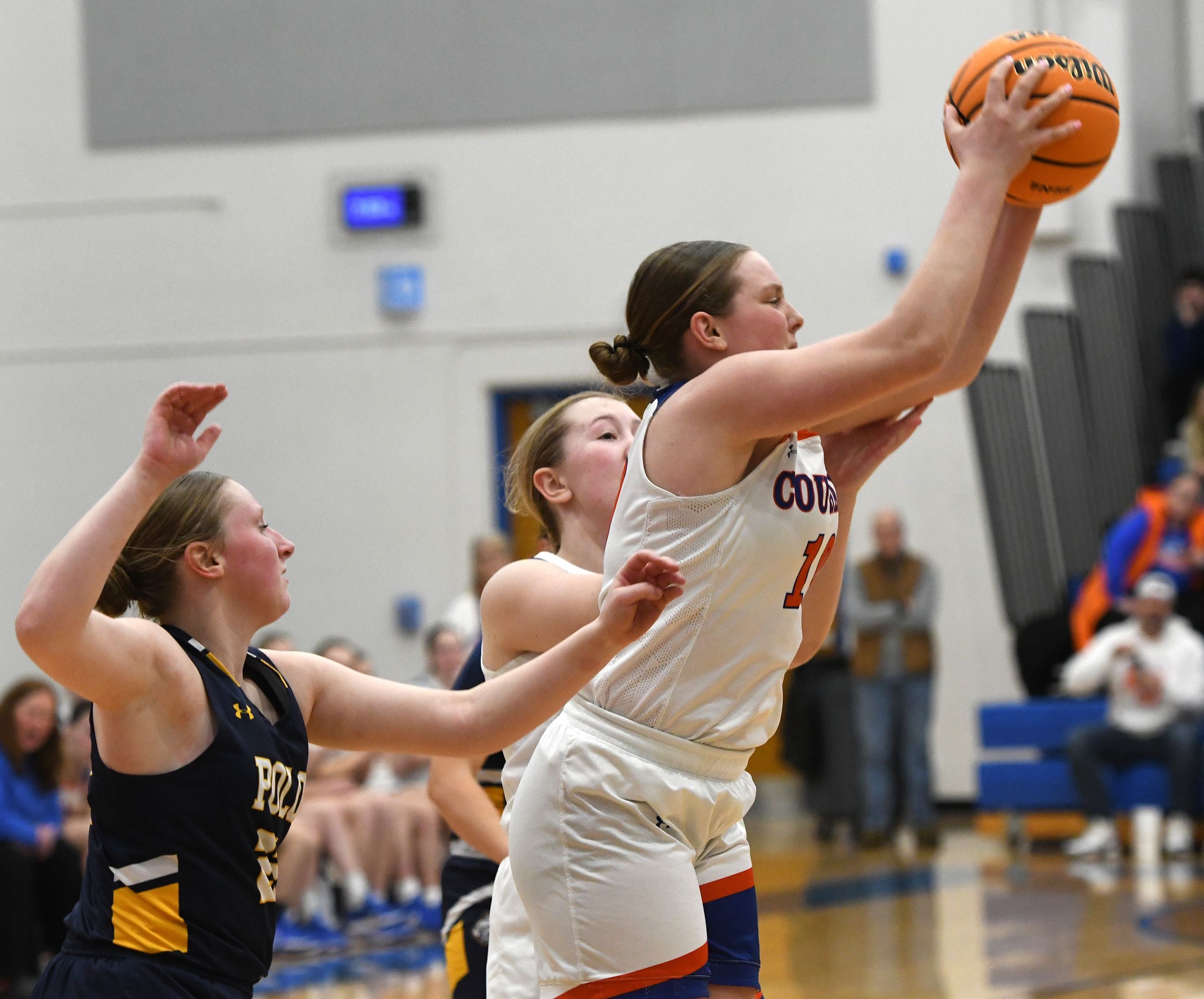 Eastland's Izzy Ames rebounds against Polo on Tuesday, Feb. 10, 2026 at Eastland High School in Lanark.