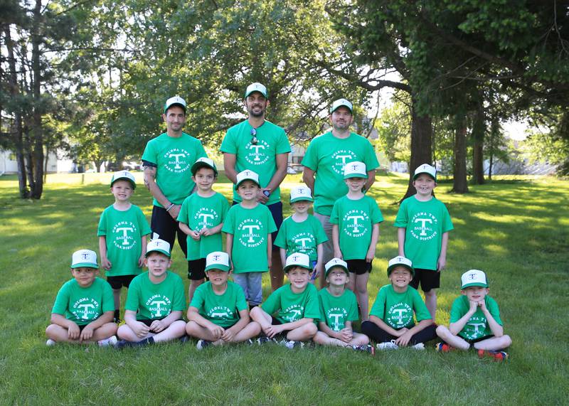 Astros from the Coloma Park District tee-ball league. The roster includes Cameron Nelson, Paxton Sandrock, Memphis Rodriguez, Annabelle Blomstrand, Levi Brown, Maddilyn Sexton, Makaylie Sexton, Conner Devine, Owen Wolf, Wade Smith, Esmae Henry, Korbin Kessler, Madelynn Sproul.