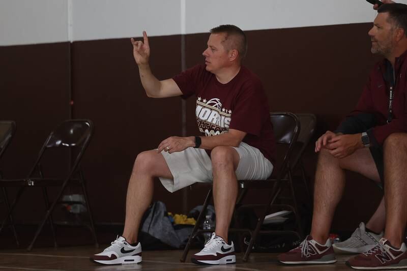Morris head coach Joe Blumberg calls in a play against Plainfield South at the 37th Morris Boys Shootout on Tuesday, June 25, 2024.