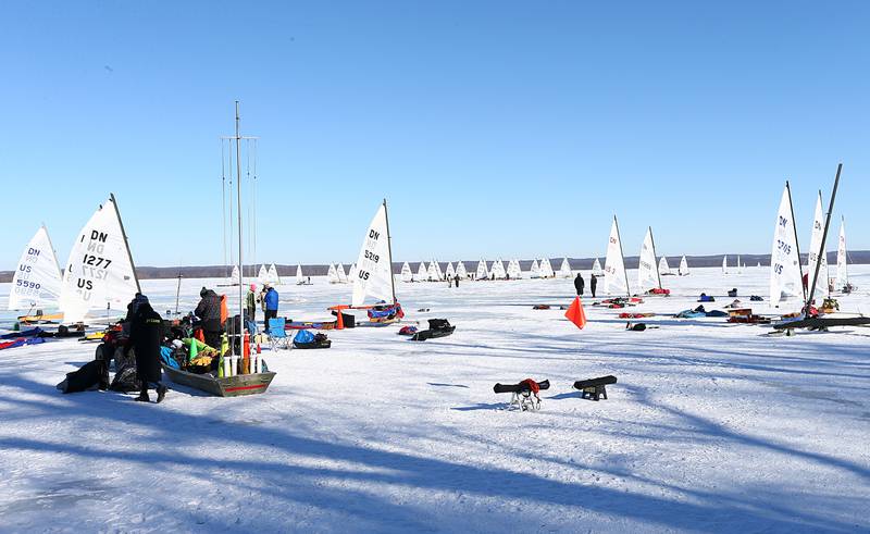 Ice boat racers prepare to race in the 2022 DN US National ice boat championship on Senachwine Lake on Wednesday Jan. 26, 2022, near Putnam.