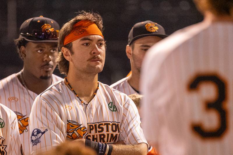 Pambos Nicoloudes of the Pistol Shrimp sheds tears as the team meets after the final game of the 2025 season on Thursday, July 31, 2025, at Schweickert Stadium in Peru.