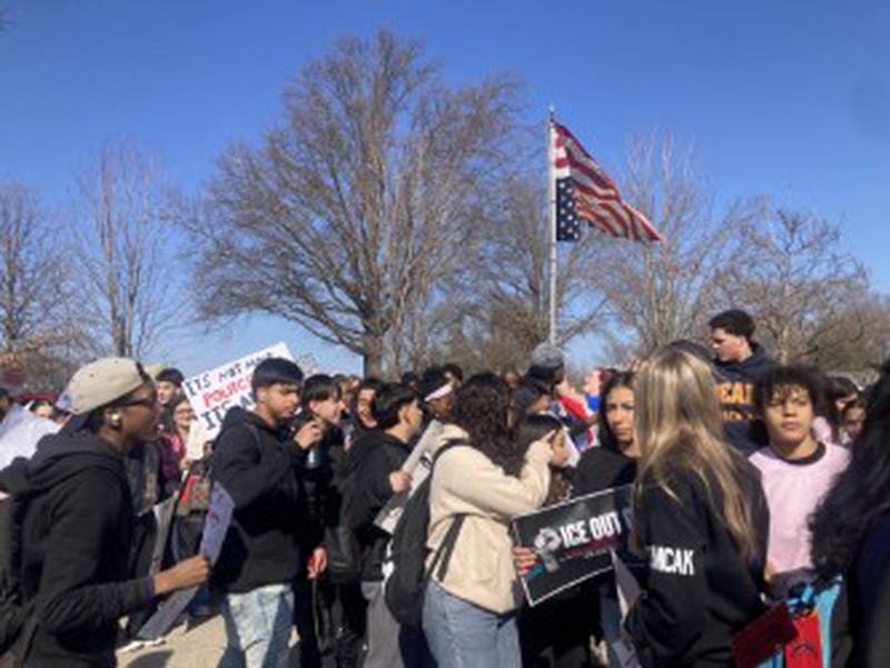 Bolingbrook High School students protest against the actions of Immigration and Customs Enforcement activities across the country on Friday, Feb. 13, 2026.