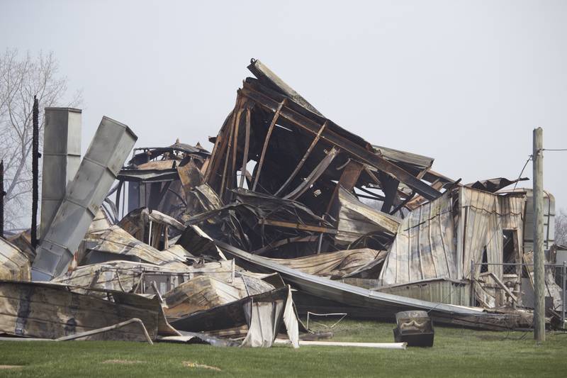 The wreckage from of a fire on Monday, April 14, 2025, that destroyed a building at the site for Rovanco Piping Systems, 20535 SE Frontage Road, Joliet.