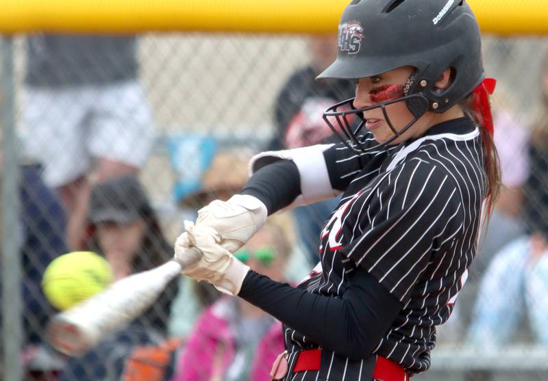 Huntley’s Reese Hunkins makes contact against Barrington during the Class 4A Huntley Sectional championship, Saturday, June 4, 2022.