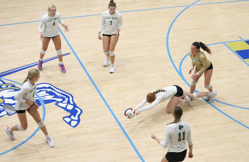 Seneca's Brooklyn Sheedy misses a return from Henry-Senachwine during the Tri-County Conference Championship game on Thursday, Oct. 17, 2024 in Bader Gym at Marquette High School.