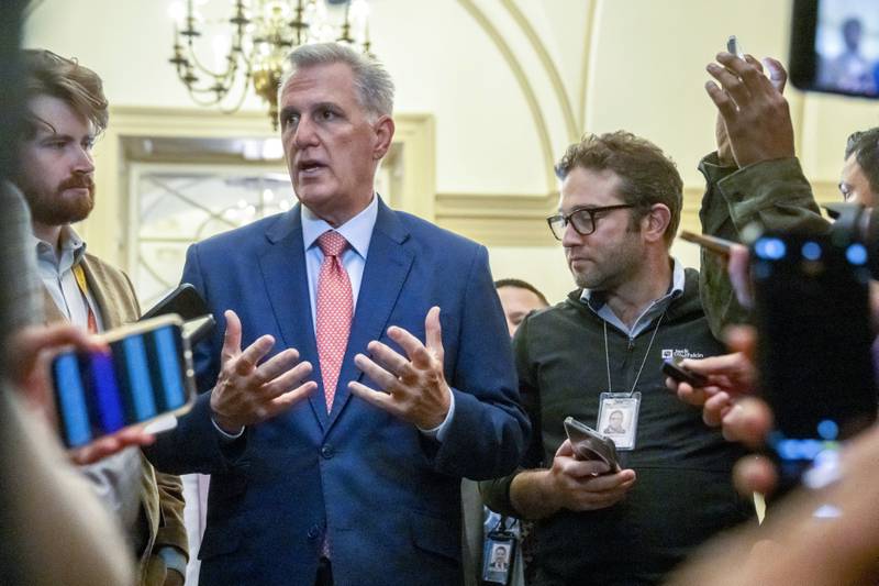 House Speaker Kevin McCarthy of California speaks to reporters Friday, Sept. 22, on Capitol Hill in Washington.
