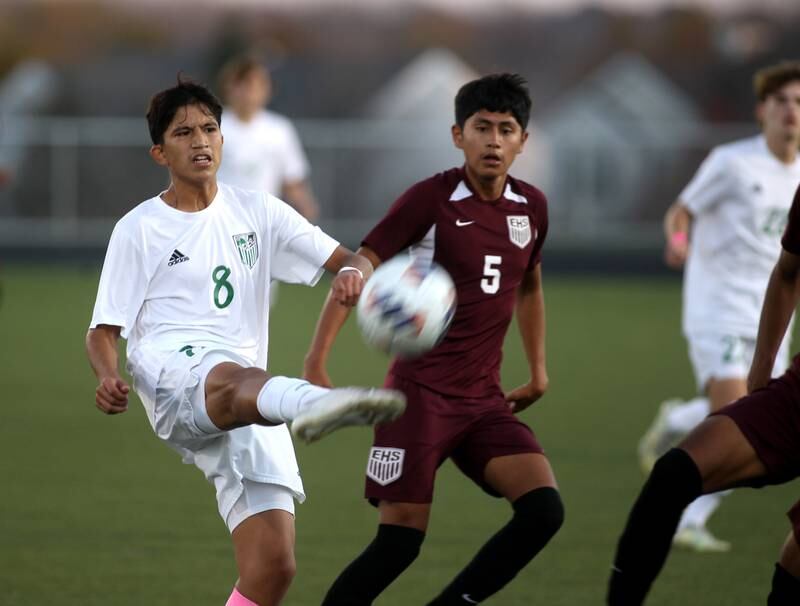 York’s Gustavo Herrera (8) kicks the ball in the first half of the 3A Boys Soccer Supersectional against Elgin at Streamwood High School on Tuesday, Nov. 1, 2022.