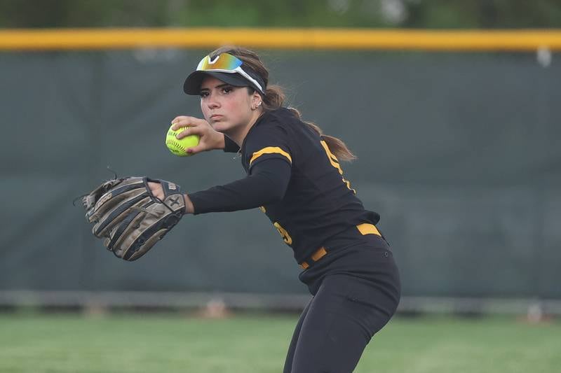 Joliet West’s Mallory Crisafulli throws to first for the out against Homewood-Flossmoor in the Class 4A Homewood-Flossmoor Regional semifinal on Wednesday, May 20, 2026 in Homewood.