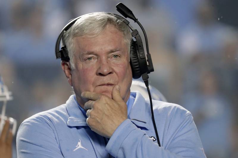 North Carolina head coach Mack Brown watches his team play against Florida A&M during the first half of an NCAA college football game in Chapel Hill, N.C., Saturday, Aug. 27, 2022. (AP Photo/Chris Seward)