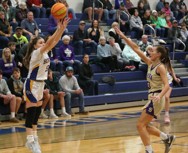 Somonauk/Leland's Kiley Mason lets go of a wide open jump shot over Serena's Jenna Setchell on Monday, Feb. 10, 2025 at Somonauk High School.