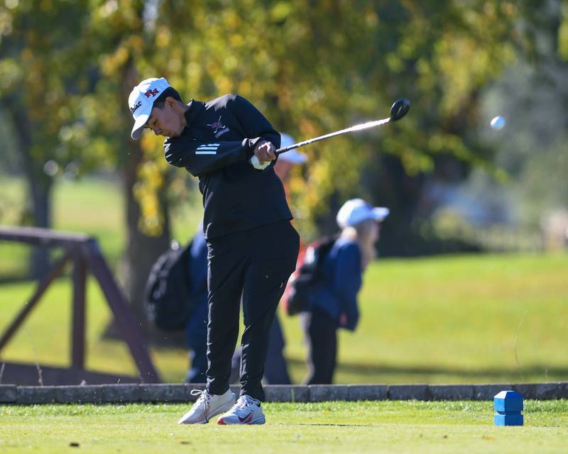 Plainfield North’s golfer Sam Epspinoza tees off on Monday Oct. 7, 2024, during the 3A sectional match held at Blackberry Oaks Golf Course in Bristol.