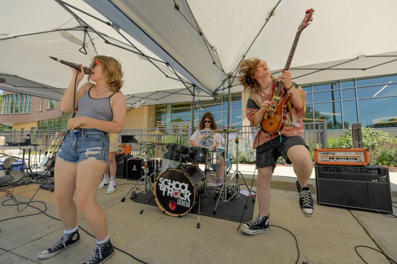 Students from the School of Rock Geneva rock out some music to entertain families during the Swedish Days Kids Day on Friday, June 21, 2024.