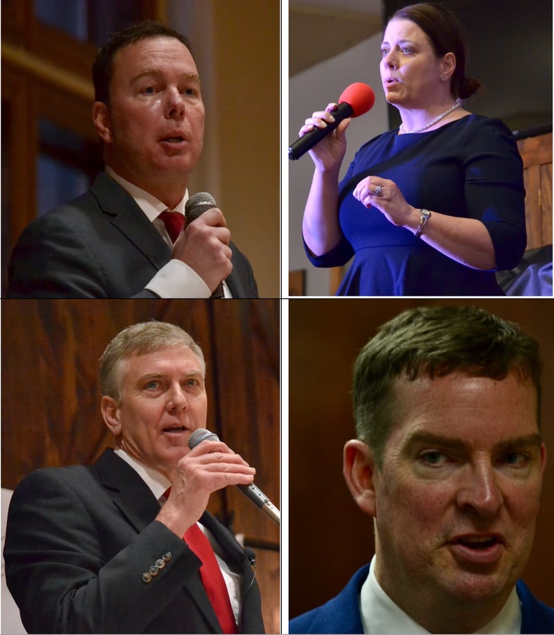 Republican candidates in the 14th Congressional District primary (Clockwise from left) Jack Lombardi, Jaime Milton Scott Gryder and James Marter (bottom left) participated in a joint virtual interview with the Daily Herald and Shaw Media on May 10, 2022.