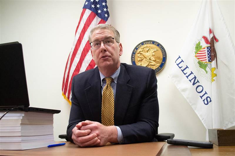 Senate Minority Leader-elect John Curran sits for an interview in his Springfield office Wednesday, one day after his caucus chose him as their next leader. He said in the interview his goal is to bring "balance" to state government. (Capitol News Illinois photo by Jerry Nowicki)