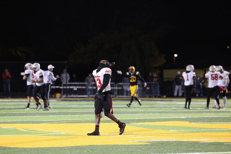 Bradley-Bourbonnais' Lyzale Edmon reacts following a St. Laurence fumble recovery in the fourth quarter during the Vikings 35-21 victory over Bradley-Bourbonnais in second round playoff on Friday, Nov. 7, 2025.