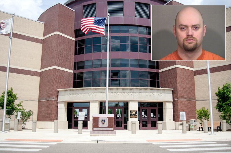 Inset of Shawn P. Fontaine in front of Northwest Herald file of the McHenry County courthouse.