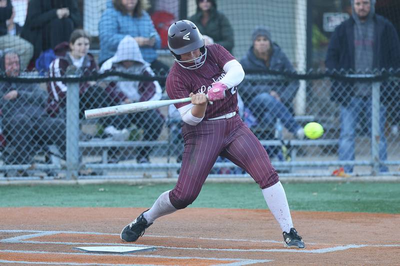 Lockport’s Giovanna Diciolla connects for a single against Lincoln-Way West in the WJOL Softball Tournament championship game on Thursday, April 2, 2026 in Joliet.