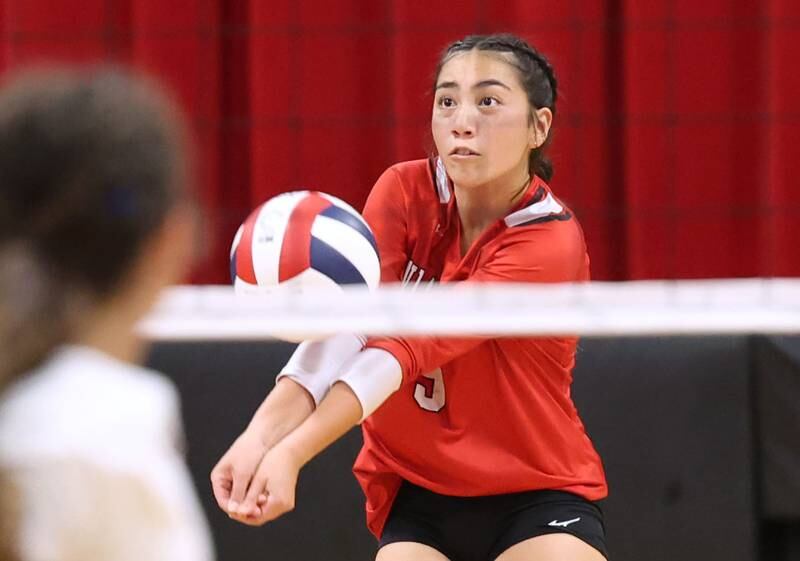 Indian Creek's Mia Riffell receives a Hinckley-Big Rock serve during their match Tuesday, Sept. 19, 2023, at Indian Creek High School in Shabbona.