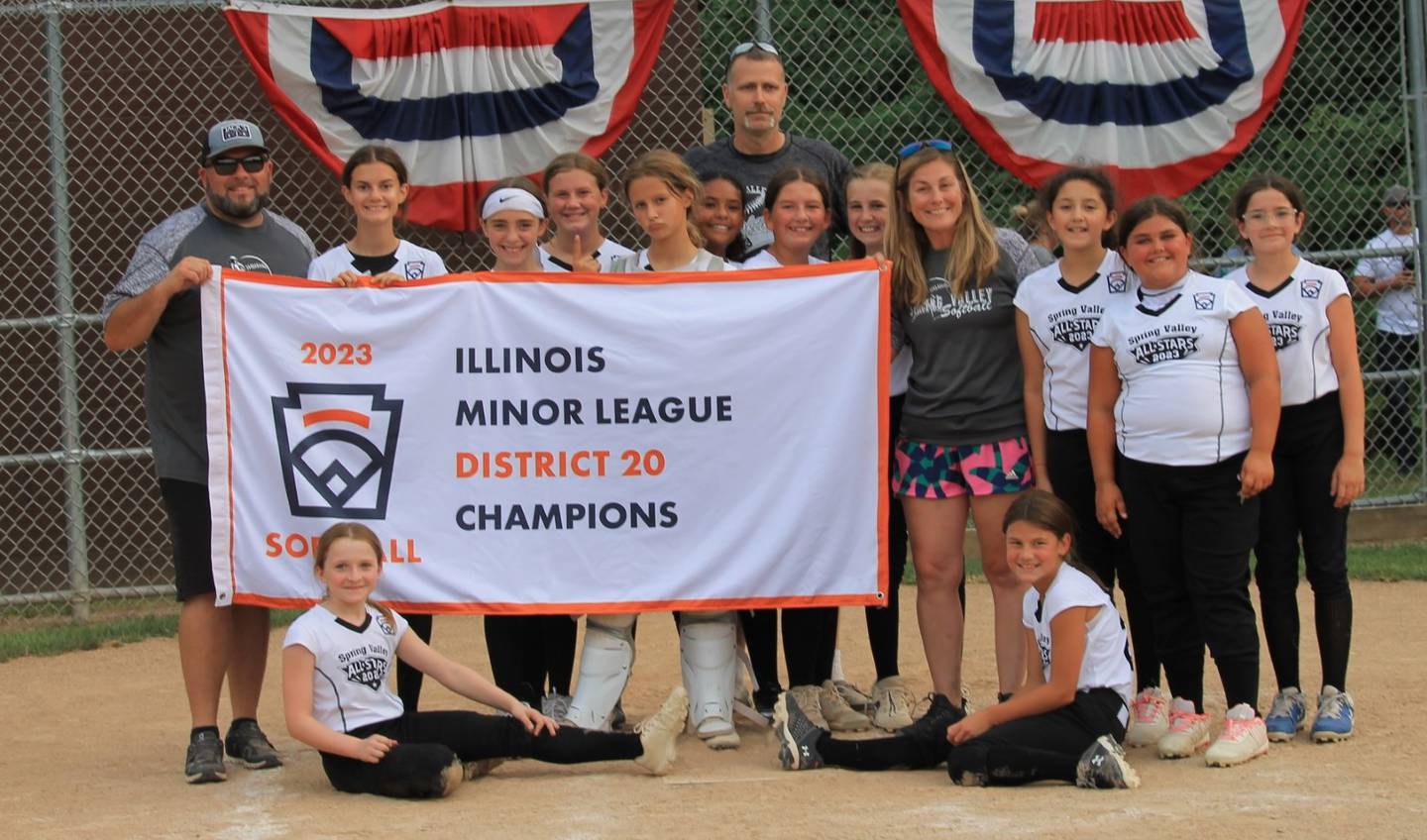 Spring Valley swept their way through the District 20 Minor League Softball Tournament, defeating Princeton, 10-1, Spring Valley advances to the State Tournament on Saturday hosted by District 20. It will face the District 10 champion at 12:30 p.m. at LaSalle St. Mary’s and It will face the District 10 champion at 12:30 p.m. at LaSalle St. Mary’s and then at 4 p.m. at McKinley Park in Peru against District 9. Team members are Bella Grisham (front row, from left) and Eleanor Simpson; and (back row) head coach Josh Pellegrini, Reese Baltikauski, Charlee Herrick, Stella Simpson, Vivi Verucchi, Nadia Rounds, coach Todd Bogatitus, Brynn Pellegrini, Callie Fusinetti, Asst. Coach Sam Wallaert, Isabella Caracheo, Cece Ferrari and Addy Mavity.