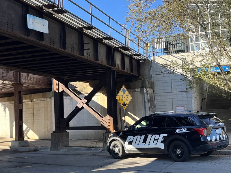 A Metra police squad vehicle at the Joliet Gateway Center, 90 E. Jefferson St., Joliet, on Wednesday, Oct. 26, 2022. A pedestrian was struck by a freight train and died. Train services in Joliet were temporarily suspended.