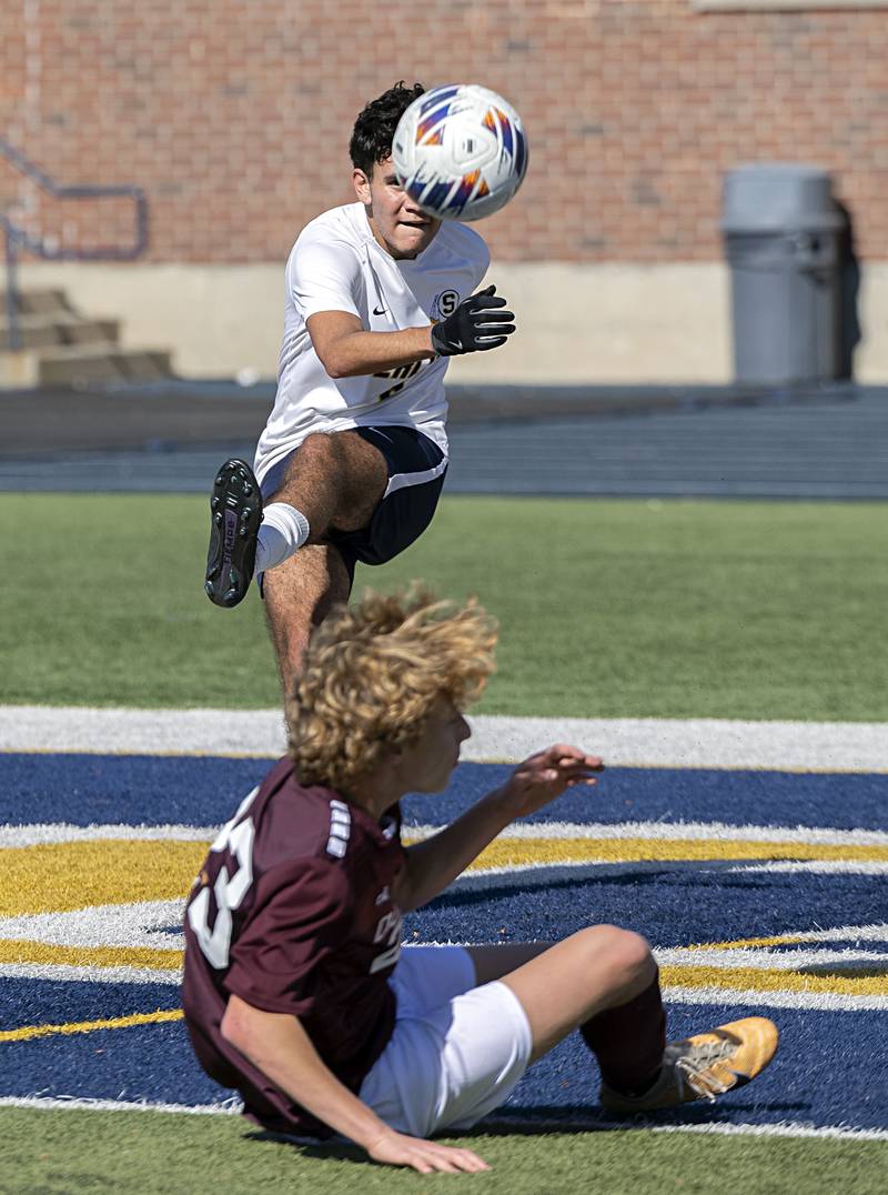Sterling’s Christopher Martinez boots the ball against Dunlap Saturday, Oct. 21, 2023 in the regional finals game in Sterling.