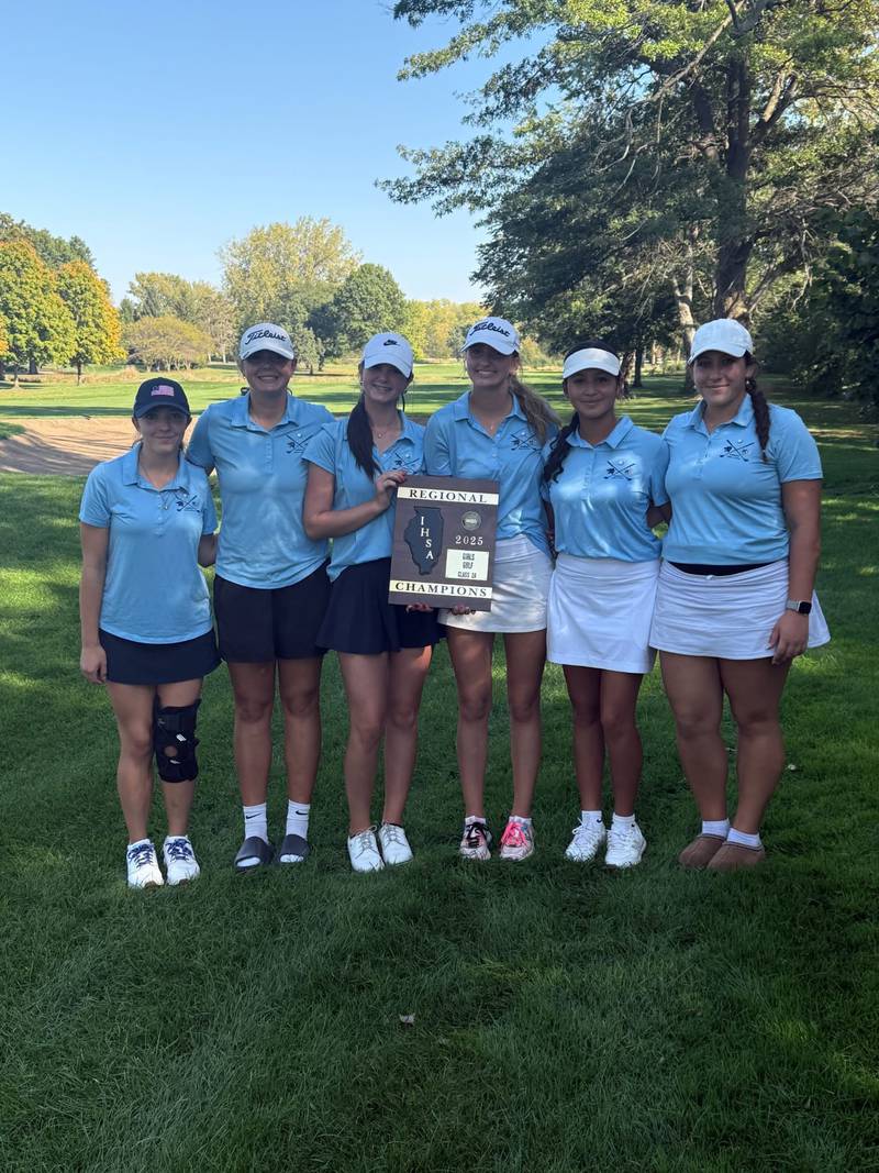 The Oswego Co-Op girls golf team poses with the regional plaque after winning the regional title on Tuesday, Sept. 30, 2025.