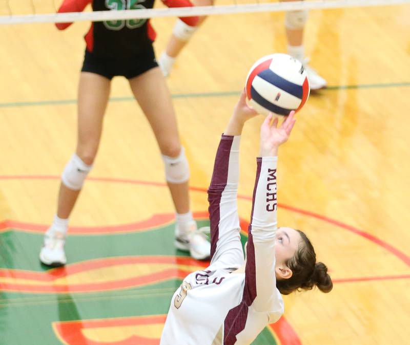 Morris's Mia Olvera lifts the ball in the air against L-P in the Class 3A Regional game on Thursday, Oct. 26, 2023 at Sellett Gymnasium.
