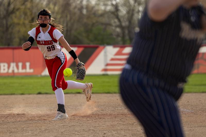 Makenna Ondrey (99) of Streator pitches on Wednesday, April 16, 2025 at Streator High School in Streator.