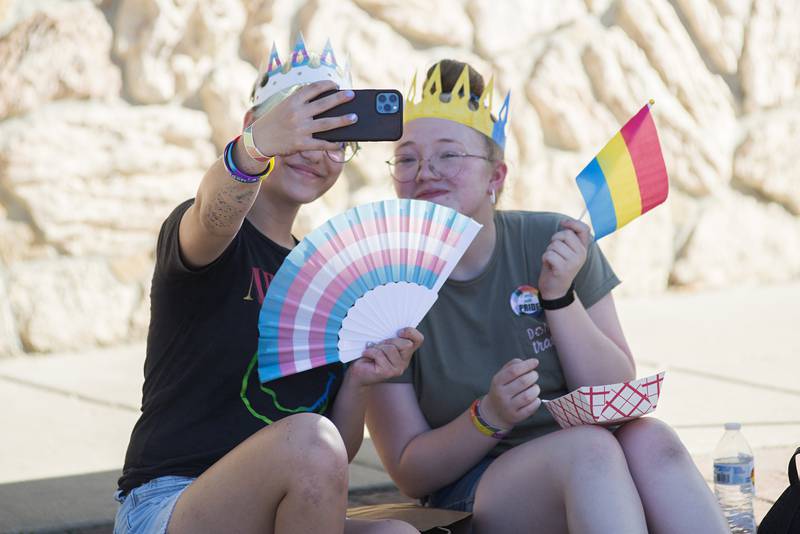 Reign Bonnewell (left) and Grace DeBord of Dixon snap a selfie Saturday, June 18, 2022 during Dixon’s Pride Fest.