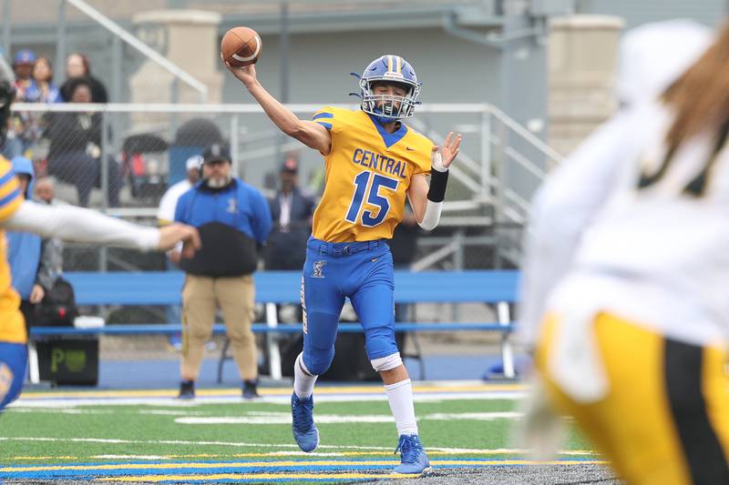 Joliet Central’s Caleb Christos passes against Joliet West on Saturday, Sept. 28, 2024 in Joliet.