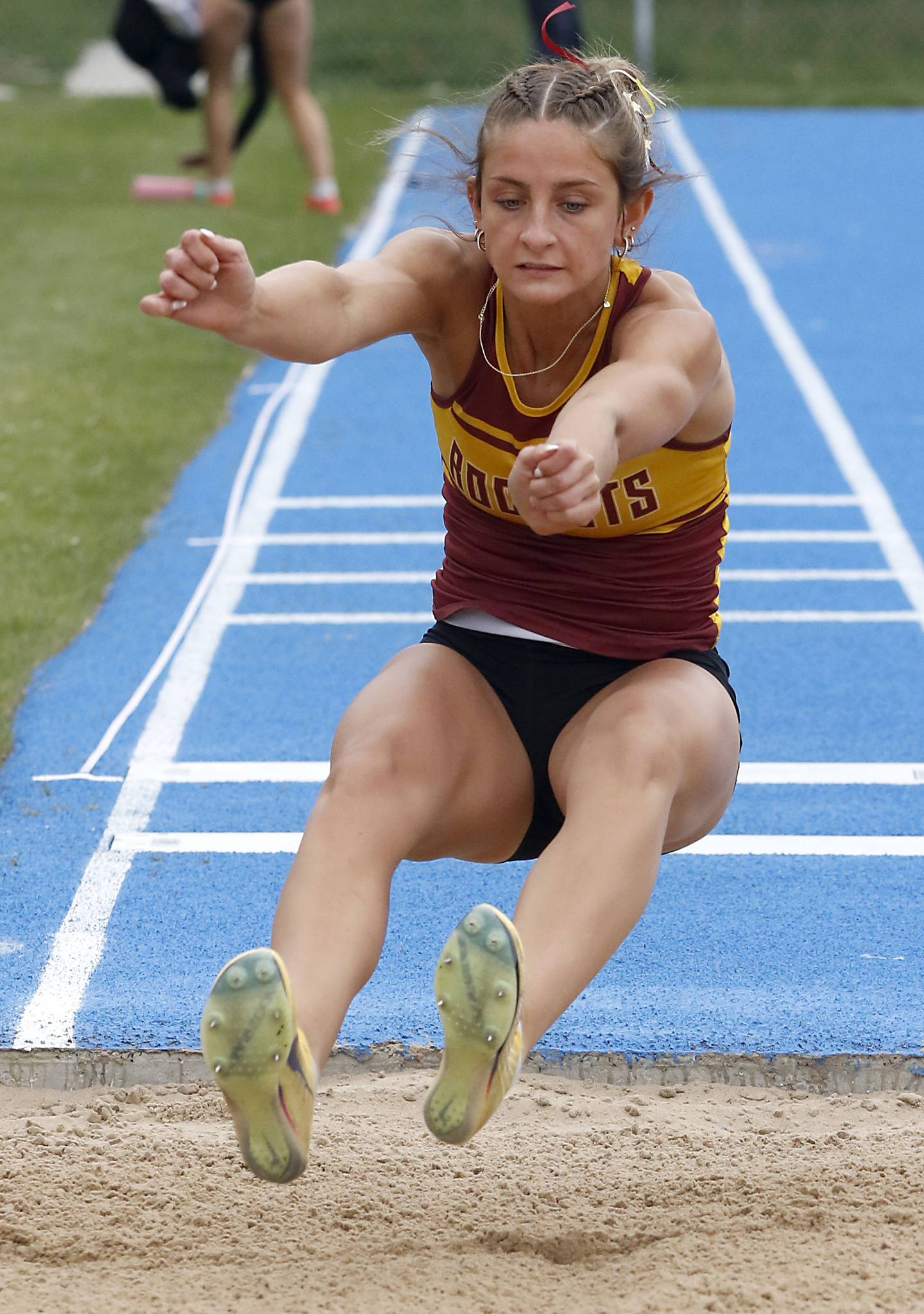 Richmond-Burton;s Sophia Komar competes in the long jump during the Kishwaukee River Conference Girls Track and Field Meet on Tuesday, May 5, 2025, at Woodstock High School.