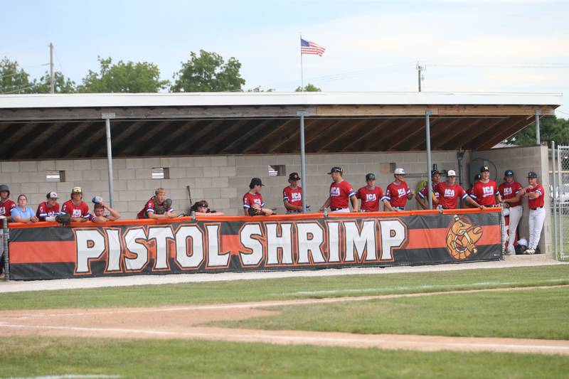 Members of the red team stand in the dugout during the ICA Senior Baseball All Star Game on Monday, June 30, 2025 at Schweickert Stadium in Peru.