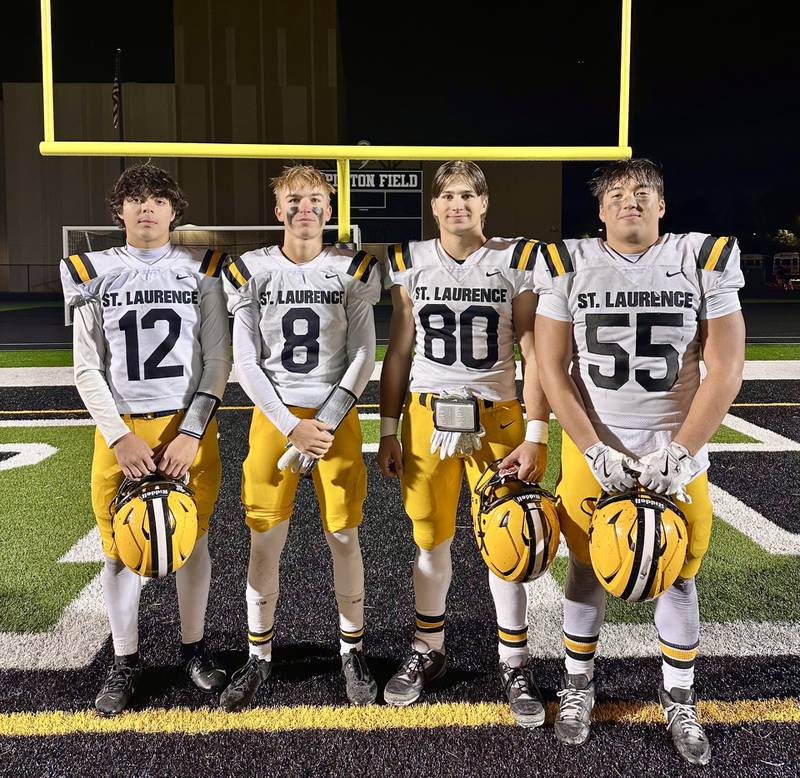 St. Laurence beat Oak Lawn 49-19 in the first round of the IHSA 6A football playoffs. Above from left to right are Noah Taylor, Jimmy McDermott, Cory Les and Brian Killen.