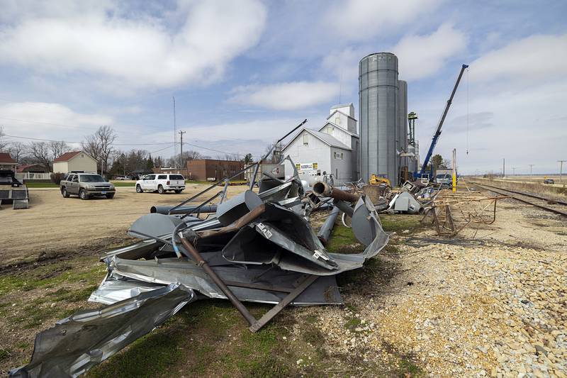 Debris from a damaged grain elevator is seen in rural Ogle County Friday, April 3, 2026. Thursday evening storms caused a swath of damage across the area.