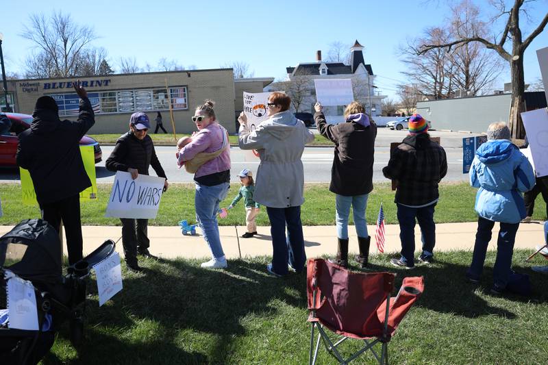 Protestors line East 9th Street at the No Kings rally on Saturday, March 28, 2026 in Lockport.
