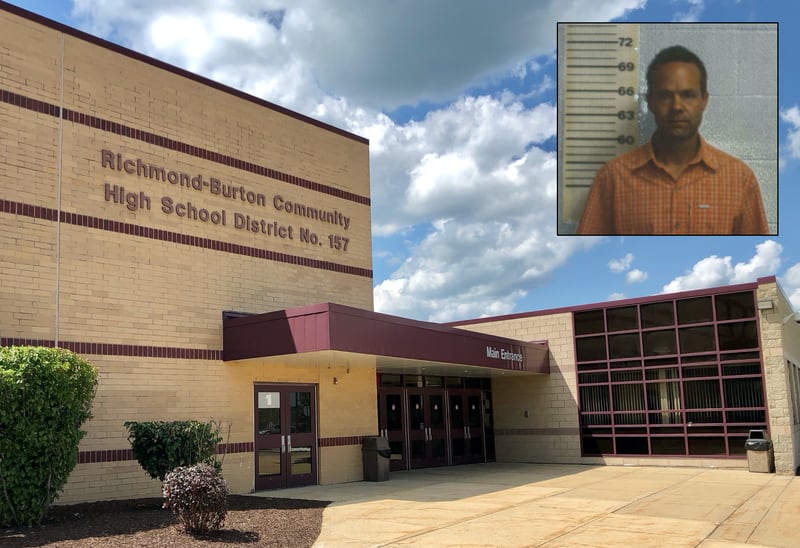 Richmond-Burton High School teacher Ryan Carlson, inset, was charged Tuesday, Oct. 11, 2022, with two counts of battery and disorderly conduct.