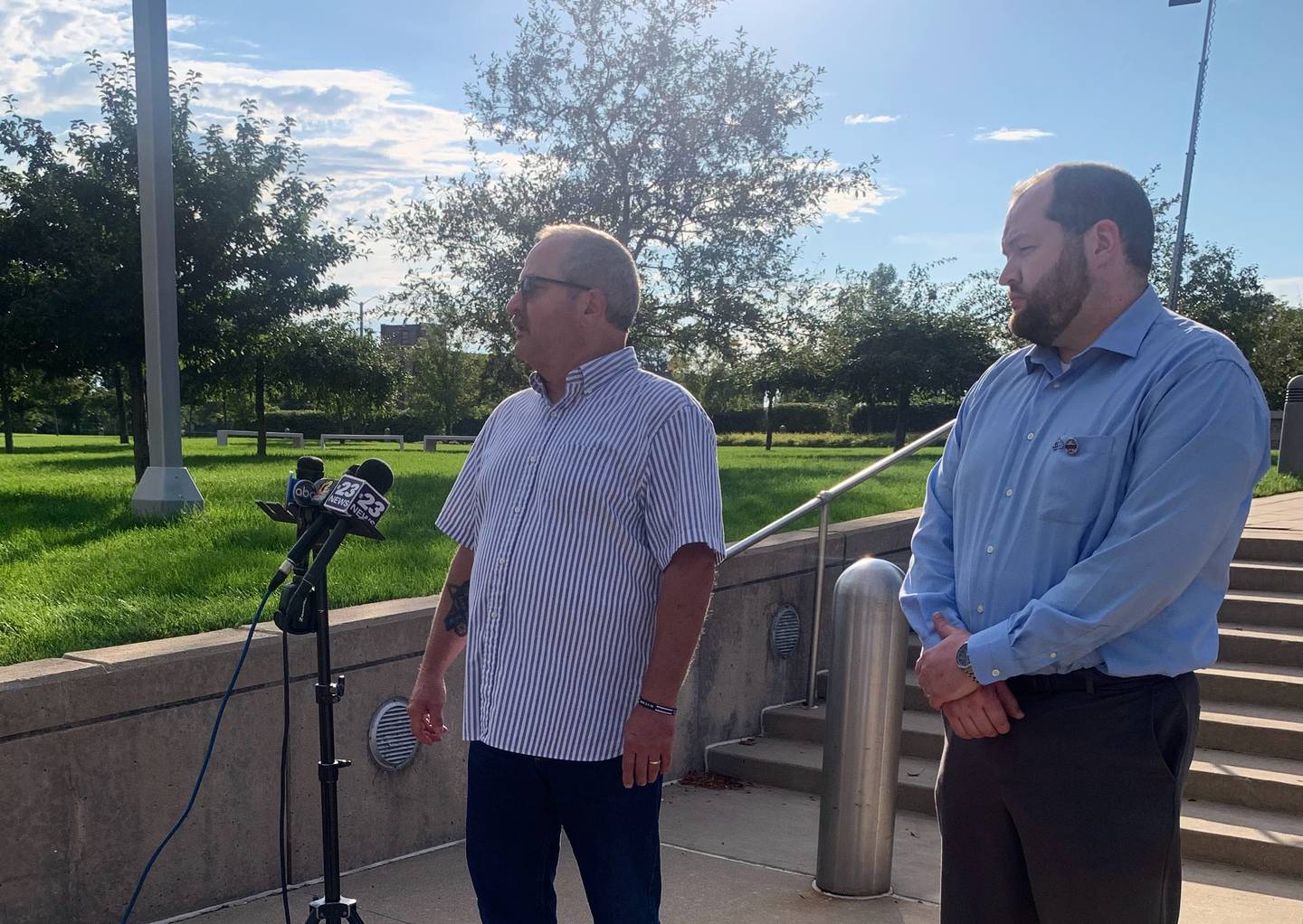 Howard Keltner, left, the father of McHenry County Sheriff's Deputy Jacob Keltner’s father, speaks Monday, Aug. 29, 2022, following the sentencing hearing for Floyd Brown. His other son, Luke Keltner, stands next to him. Brown was sentenced to 55 years in prison on Monday.