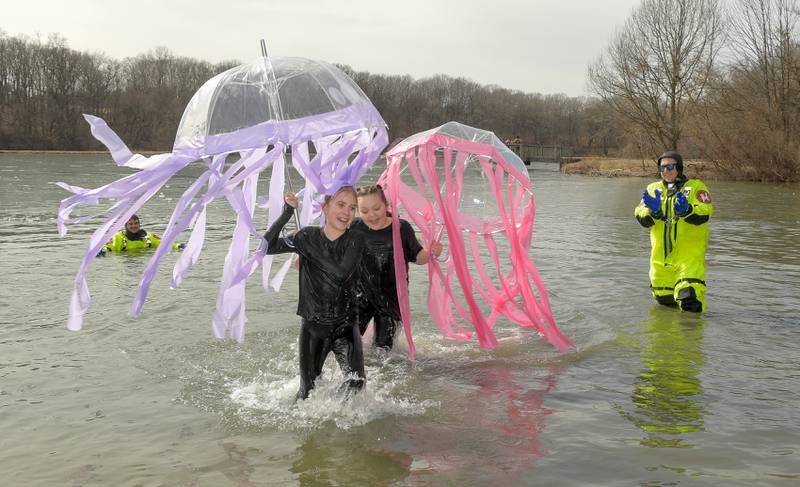 Eloise Nelson and Olive Birky from Oswego dressed as “Jellyfish” for the Law Enforcement Torch Run Polar Plunge for Special Olympics Illinois Athletes at Silver Springs State Park on Sunday, Mar 1, 2026 in Yorkville.
