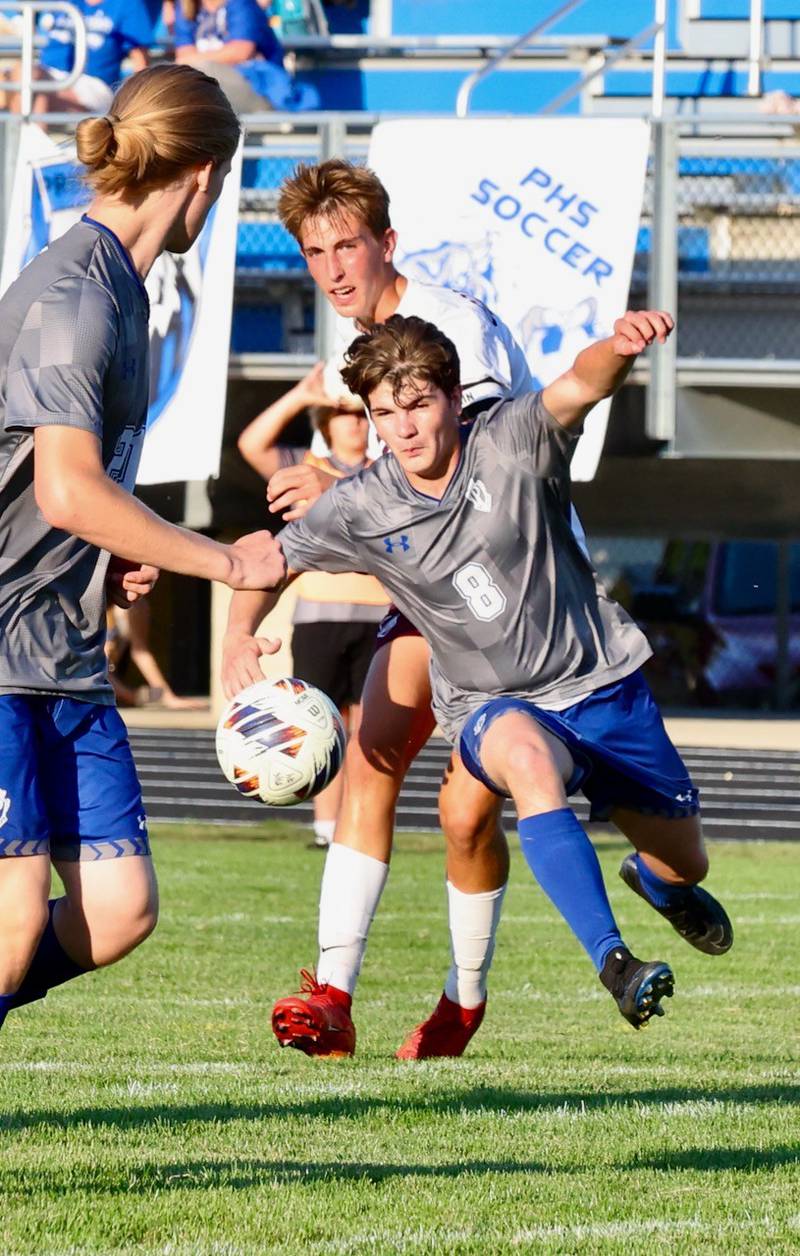 Princeton senior Chase Sims runs down the ball in Thursday's match against IVC at the Bryant Field pitch. IVC won 3-2;.