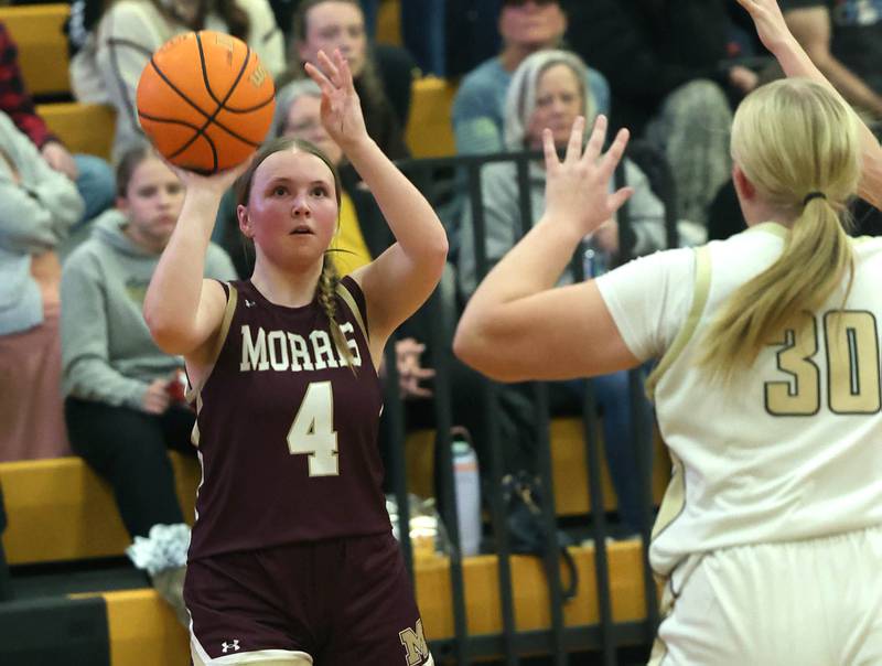 Morris' Brooke Thorson shoots over Sycamore's Camryn Knox during their game Tuesday, Jan. 13, 2026, at Sycamore High School.