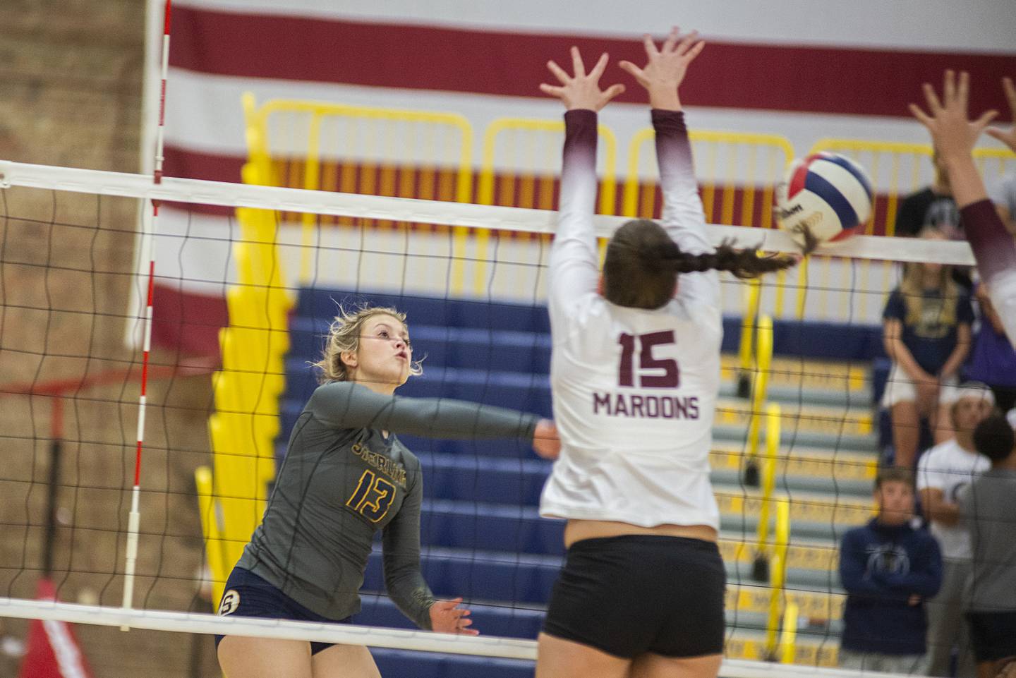 Sterling’s Katie Dittmar plays the ball over the net against Moline’s Caylee Brandes Thursday, Sept. 1, 2022.