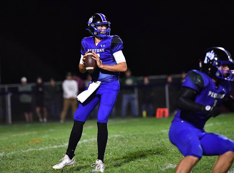 Peotone's Ruben Velasco looks to throw a pass during a conference game against Coal City on Friday, Sep 27, 2024 at Peotone. (Dean Reid for Shaw Local News)