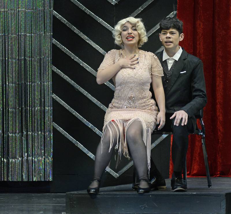 Olivia Granados as Roxie Hart and Lucas Fraga as Billy Flynn rehearse a scene from Streator High School's spring musical "Chicago."